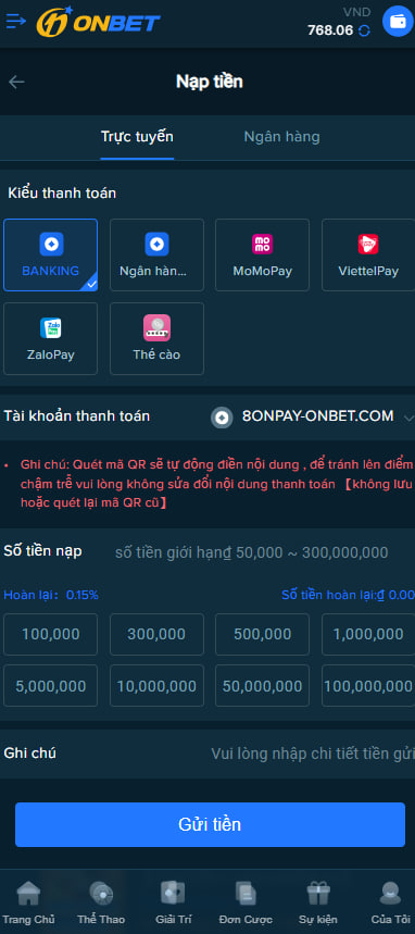 Hướng dẫn nạp rút tiền tại Onbet